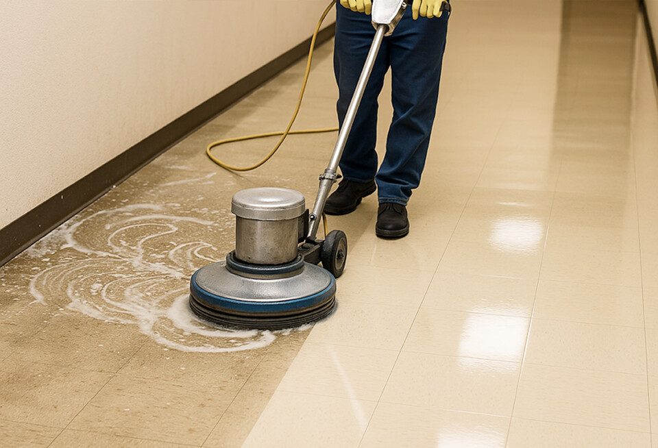 Person using floor stripping machine on tile floor
